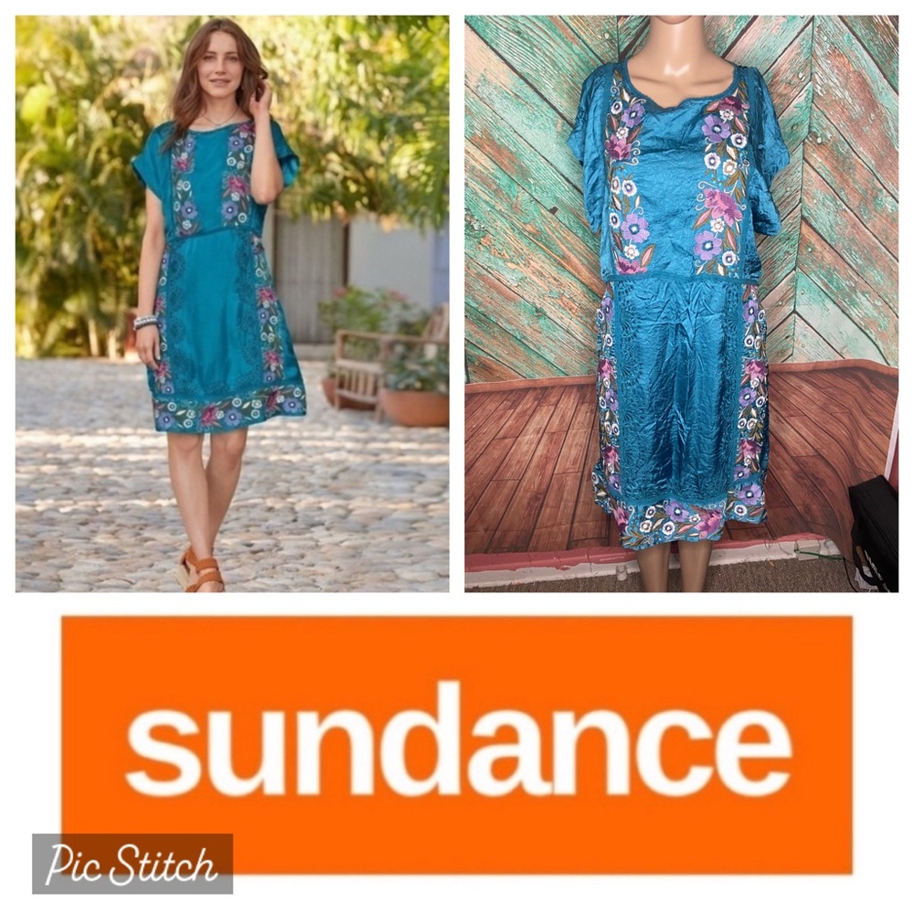 Sundance NWT Malika Crinkle Cupro Teal Floral Embroidered Dress